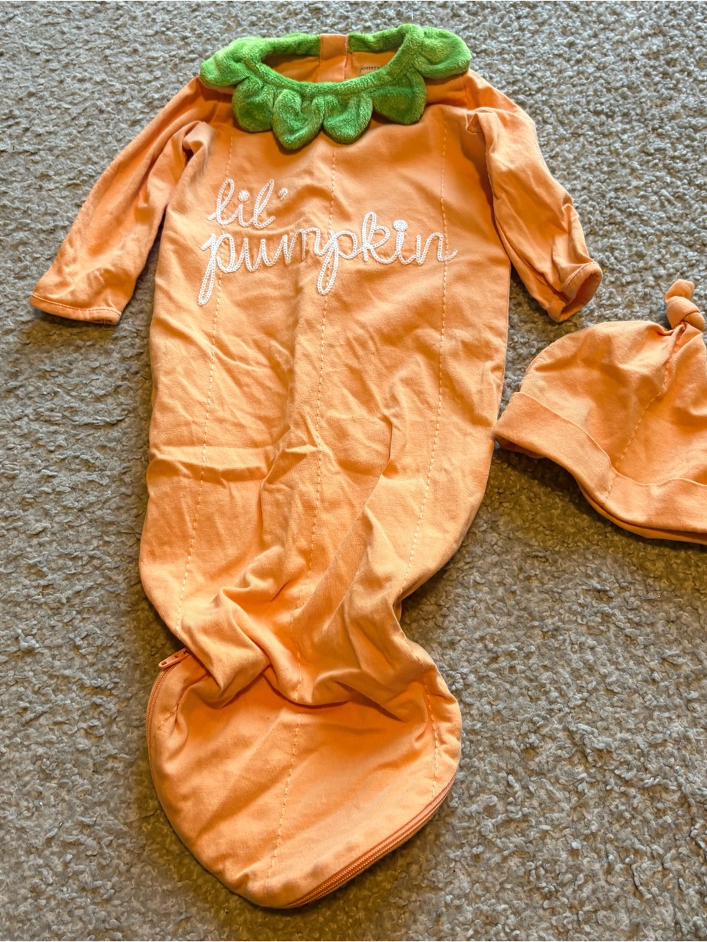 Pottery Barn Lil Pumpkin Orange Infant Gown Green Leaf Collar Bunting Costume
